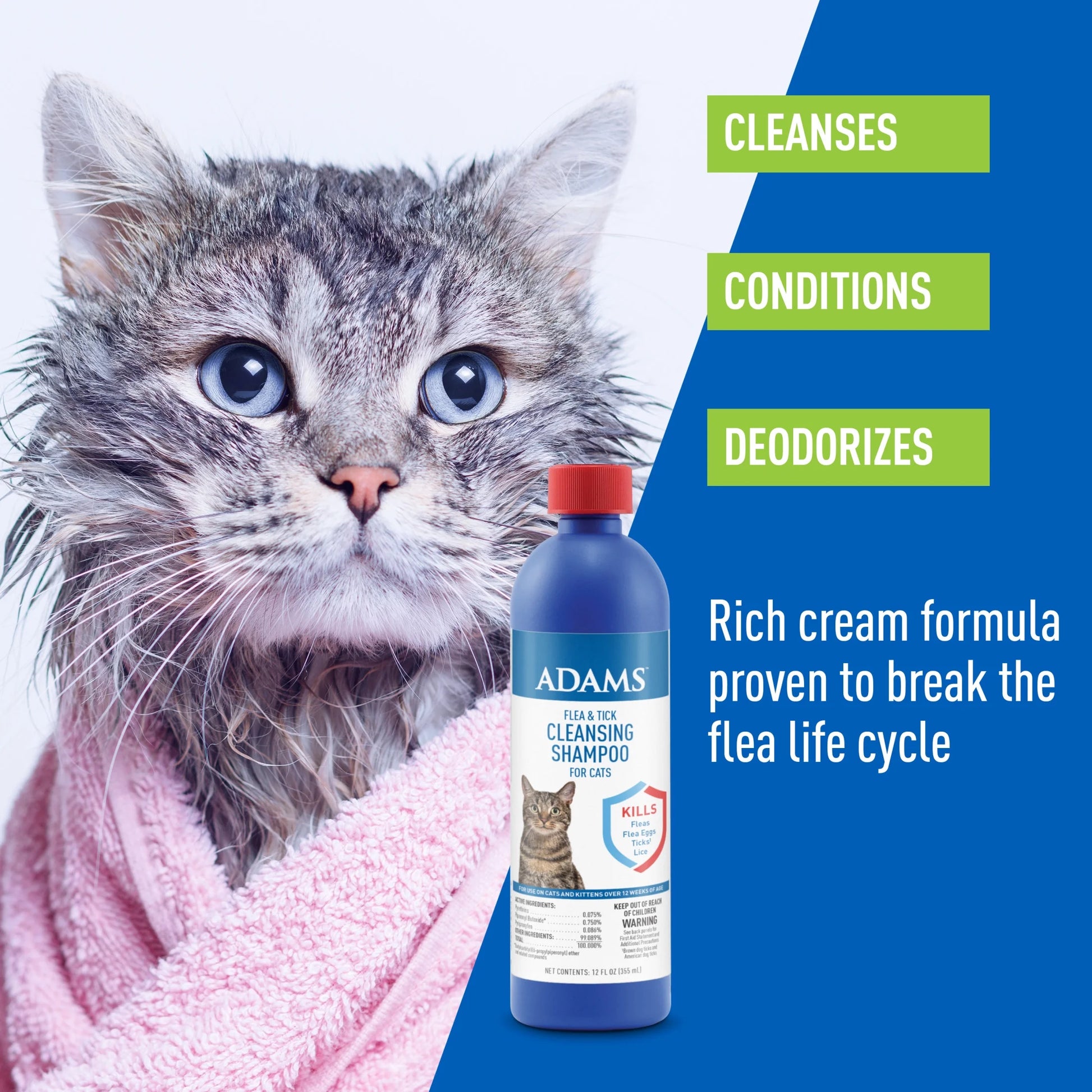 Flea & Tick Cleansing Shampoo for Cats, Flea and Tick Treatment for Cats and Kittens, Unscented, 12 Ounces