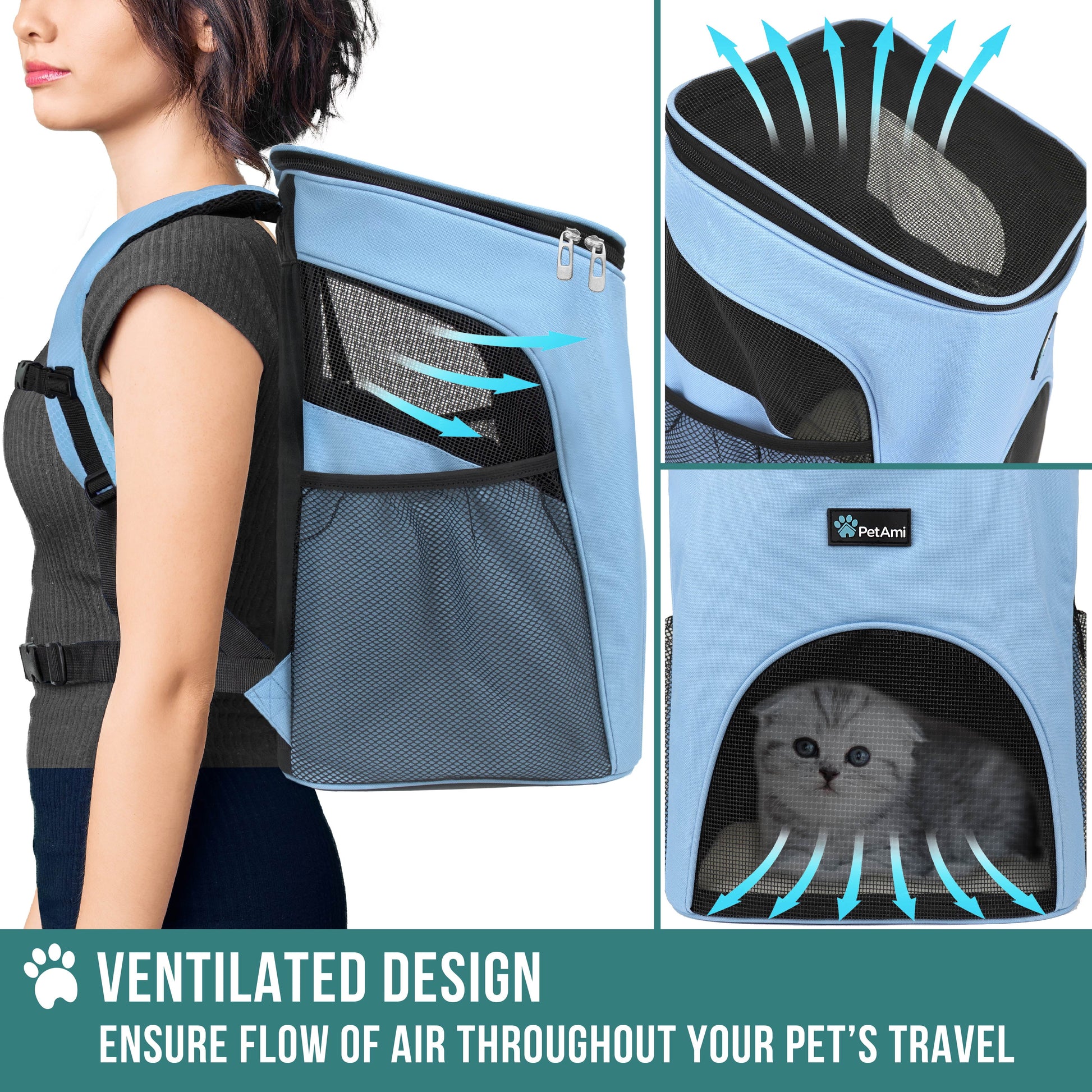 Small Dogs and Cat Backpack Carrier, Airline Approved Pet Backpack Carrier, Ventilated, Safety Strap, Buckle Support Designed for Hiking Travel Camping Outdoor, Max 18 Lbs (Light Blue)