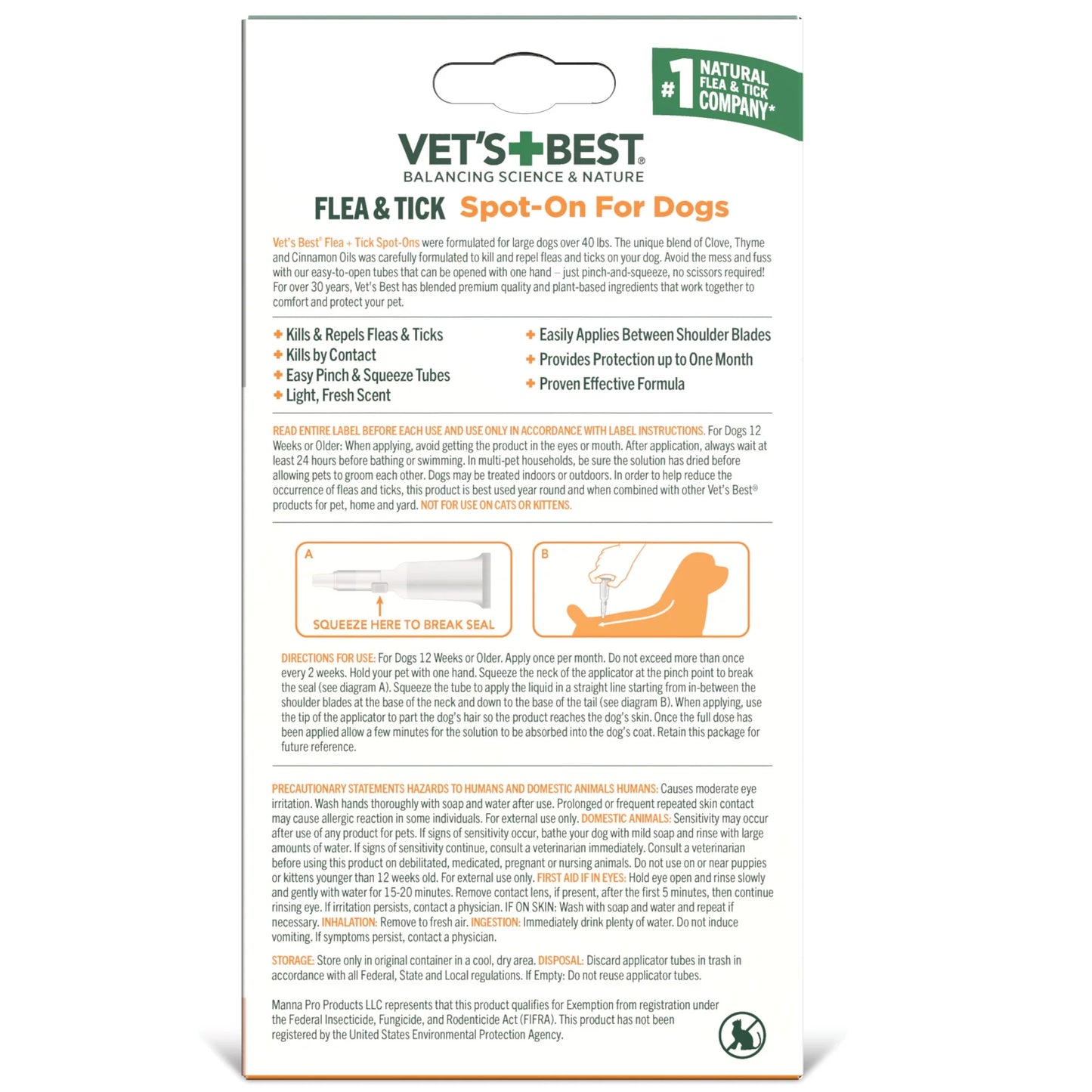 Flea and Tick Spot-On Drops, Topical Flea and Tick Prevention for Dogs - Plant-Based Formula - Certified Natural Oils - for Large Dogs - 4 Month Supply