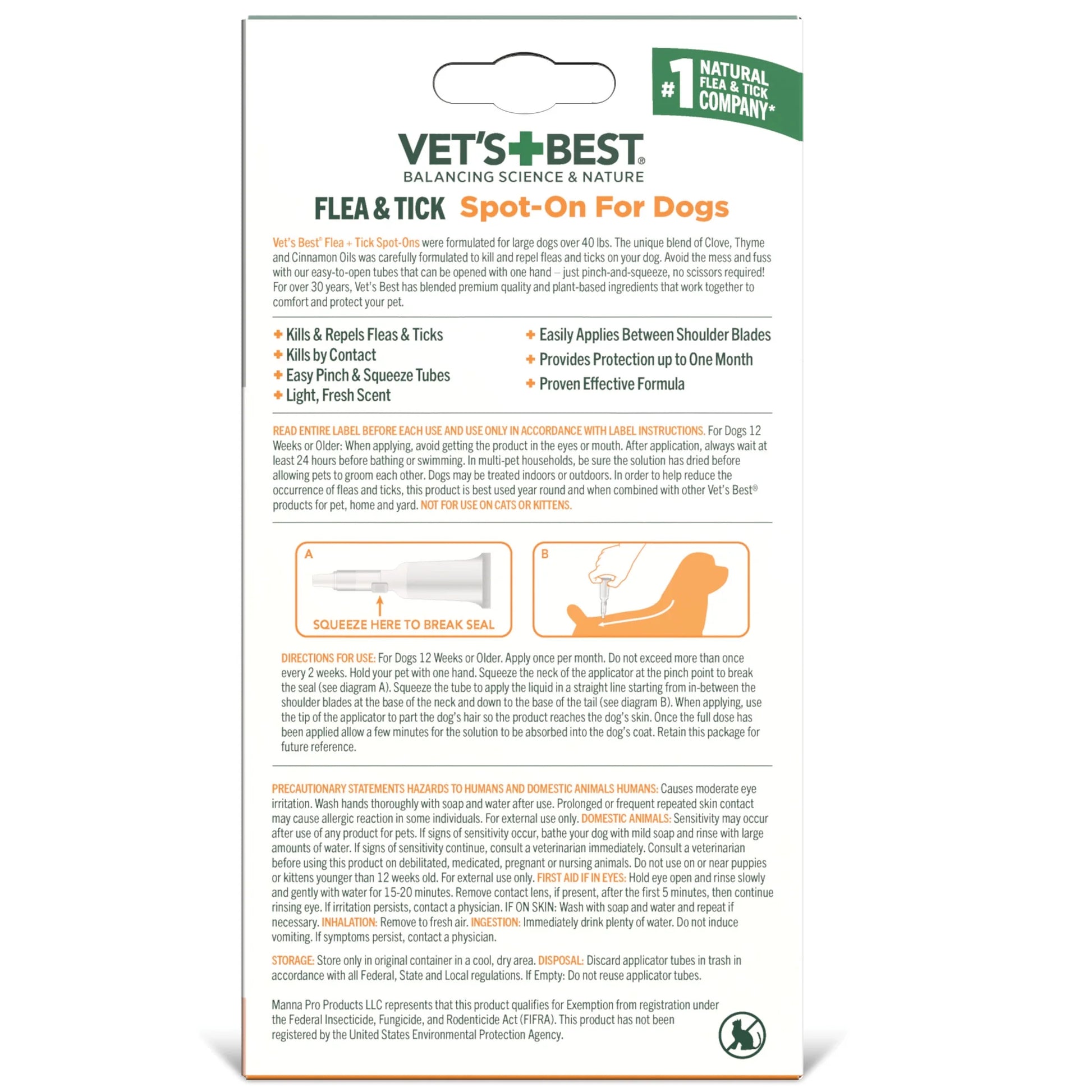 Flea and Tick Spot-On Drops, Topical Flea and Tick Prevention for Dogs - Plant-Based Formula - Certified Natural Oils - for Large Dogs - 4 Month Supply
