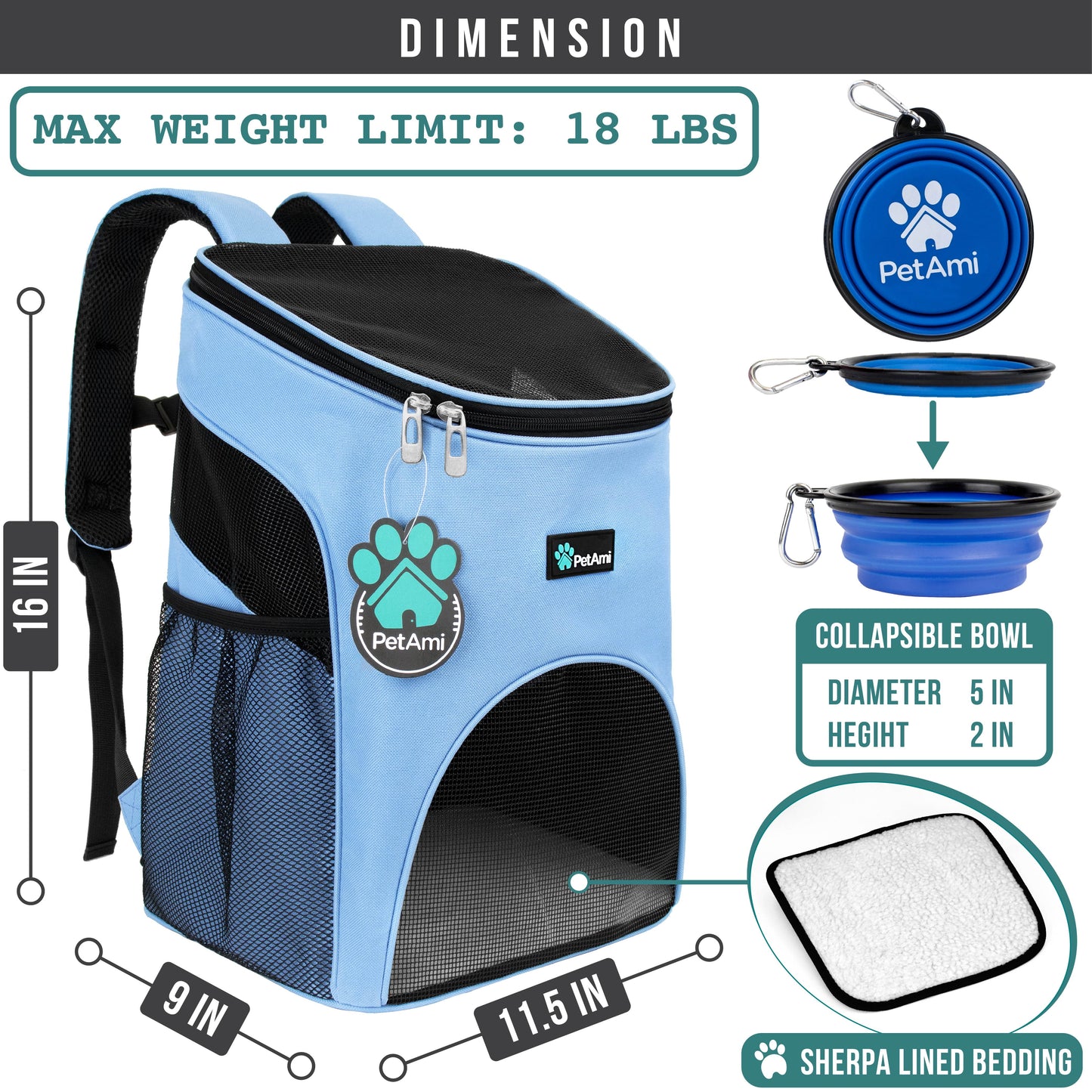 Small Dogs and Cat Backpack Carrier, Airline Approved Pet Backpack Carrier, Ventilated, Safety Strap, Buckle Support Designed for Hiking Travel Camping Outdoor, Max 18 Lbs (Light Blue)