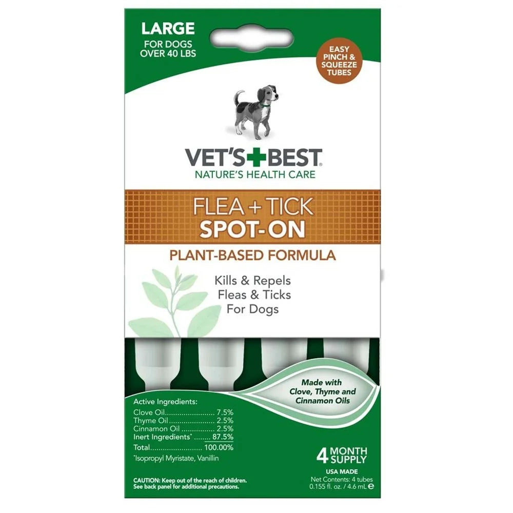 Flea and Tick Spot-On Drops, Topical Flea and Tick Prevention for Dogs - Plant-Based Formula - Certified Natural Oils - for Large Dogs - 4 Month Supply