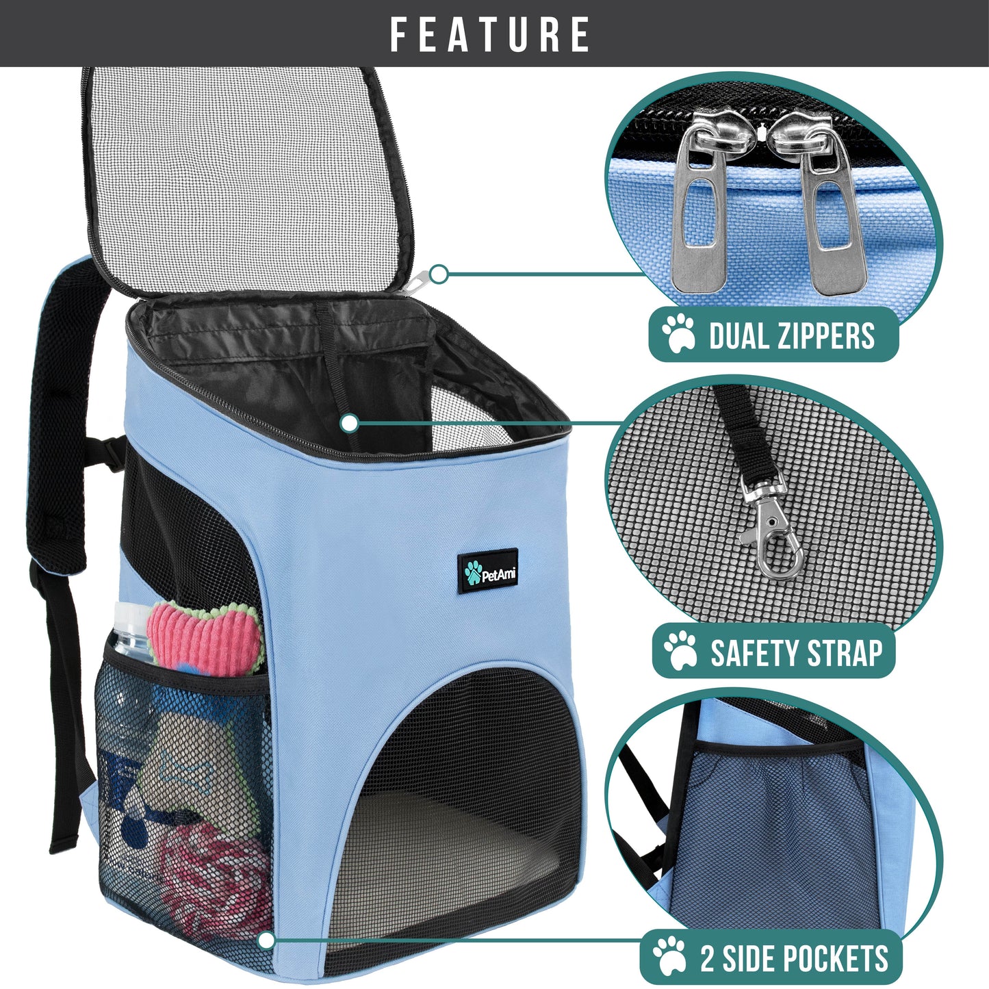 Small Dogs and Cat Backpack Carrier, Airline Approved Pet Backpack Carrier, Ventilated, Safety Strap, Buckle Support Designed for Hiking Travel Camping Outdoor, Max 18 Lbs (Light Blue)