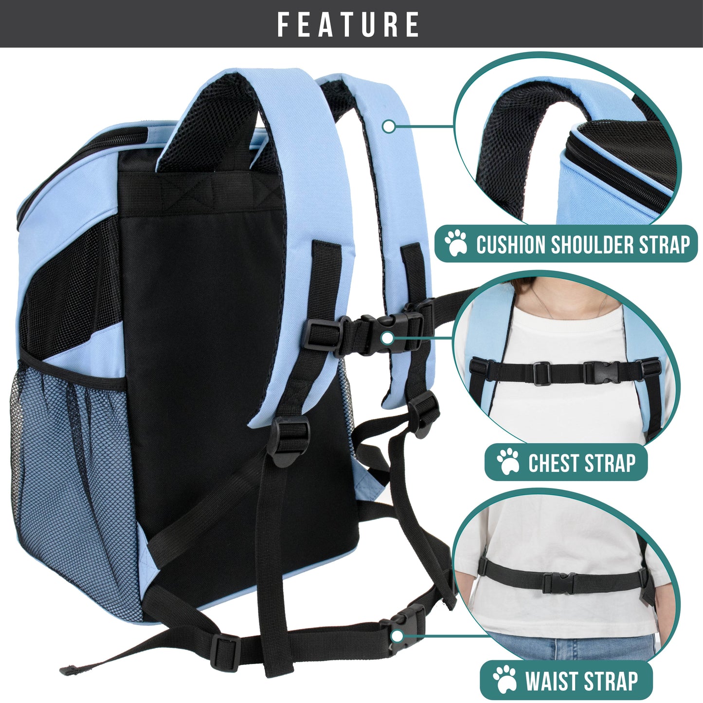 Small Dogs and Cat Backpack Carrier, Airline Approved Pet Backpack Carrier, Ventilated, Safety Strap, Buckle Support Designed for Hiking Travel Camping Outdoor, Max 18 Lbs (Light Blue)
