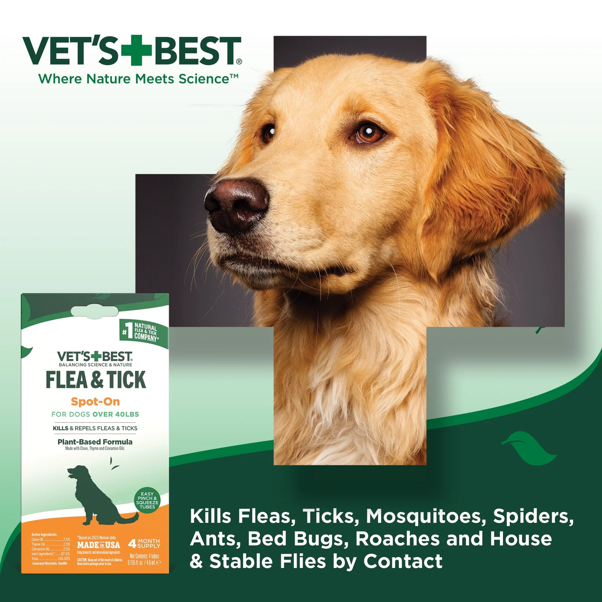 Flea and Tick Spot-On Drops, Topical Flea and Tick Prevention for Dogs - Plant-Based Formula - Certified Natural Oils - for Large Dogs - 4 Month Supply
